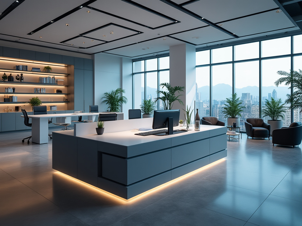 Oficina moderna con grandes ventanales, plantas decorativas y escritorios iluminados.