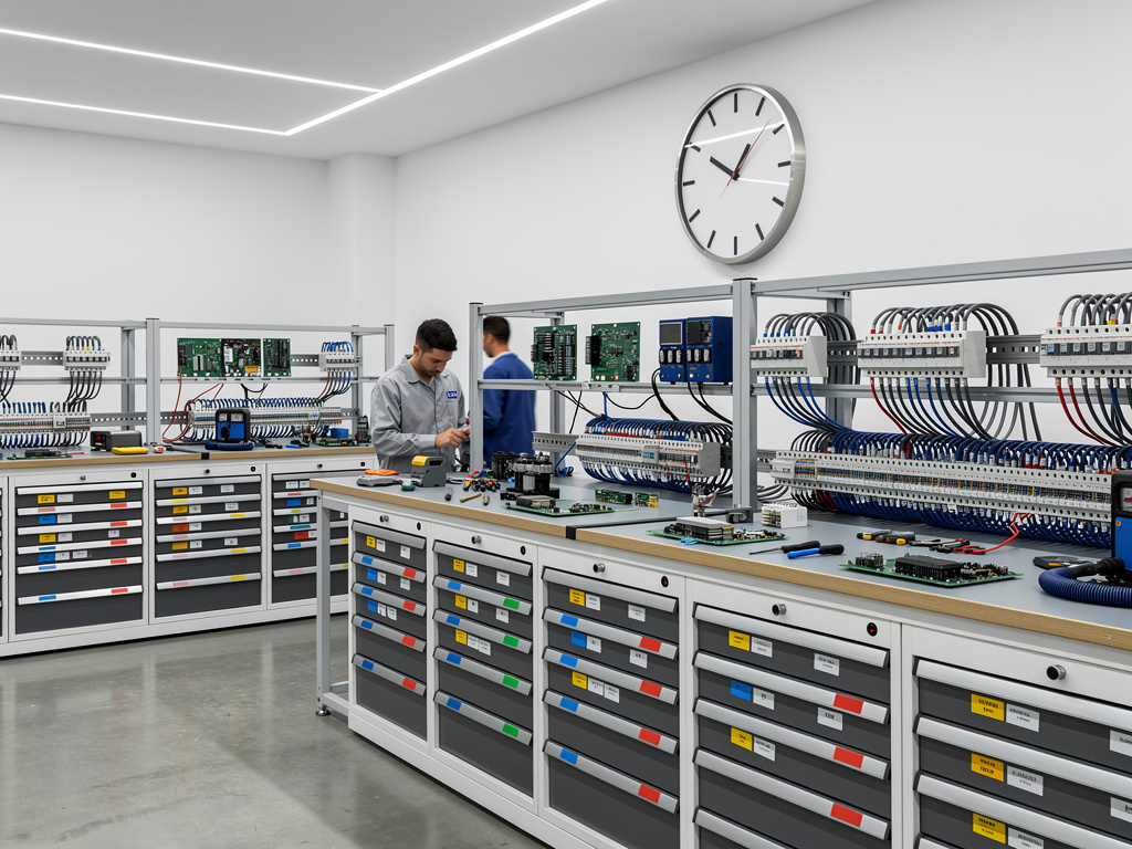 Laboratorio de electrónica con técnicos trabajando en paneles eléctricos, cableado y bancos de prueba organizados