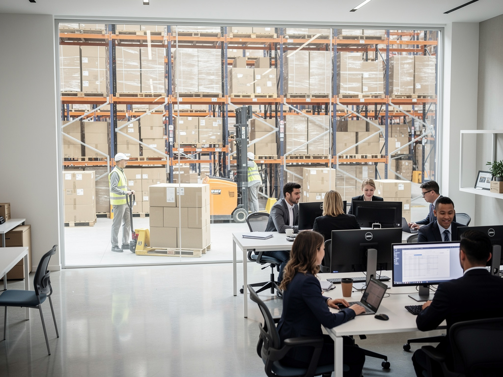 Oficina logística con empleados trabajando frente a almacén con estanterías, cajas, pallets y montacargas Oficina logística con empleados trabajando frente a almacén con estanterías, cajas, pallets y montacargas