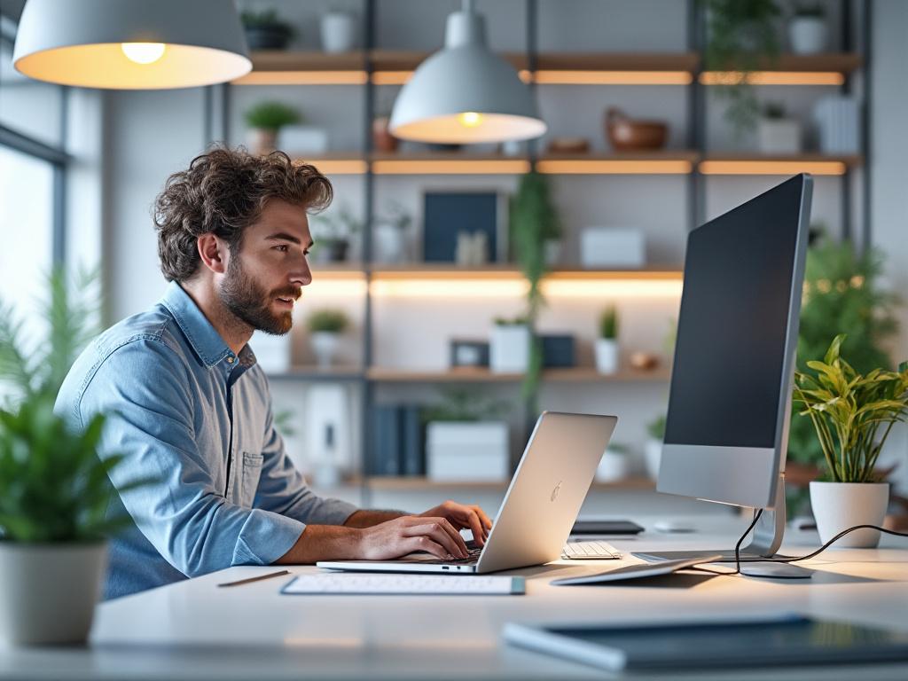 Hombre trabajando en una oficina moderna con plantas y computadoras.