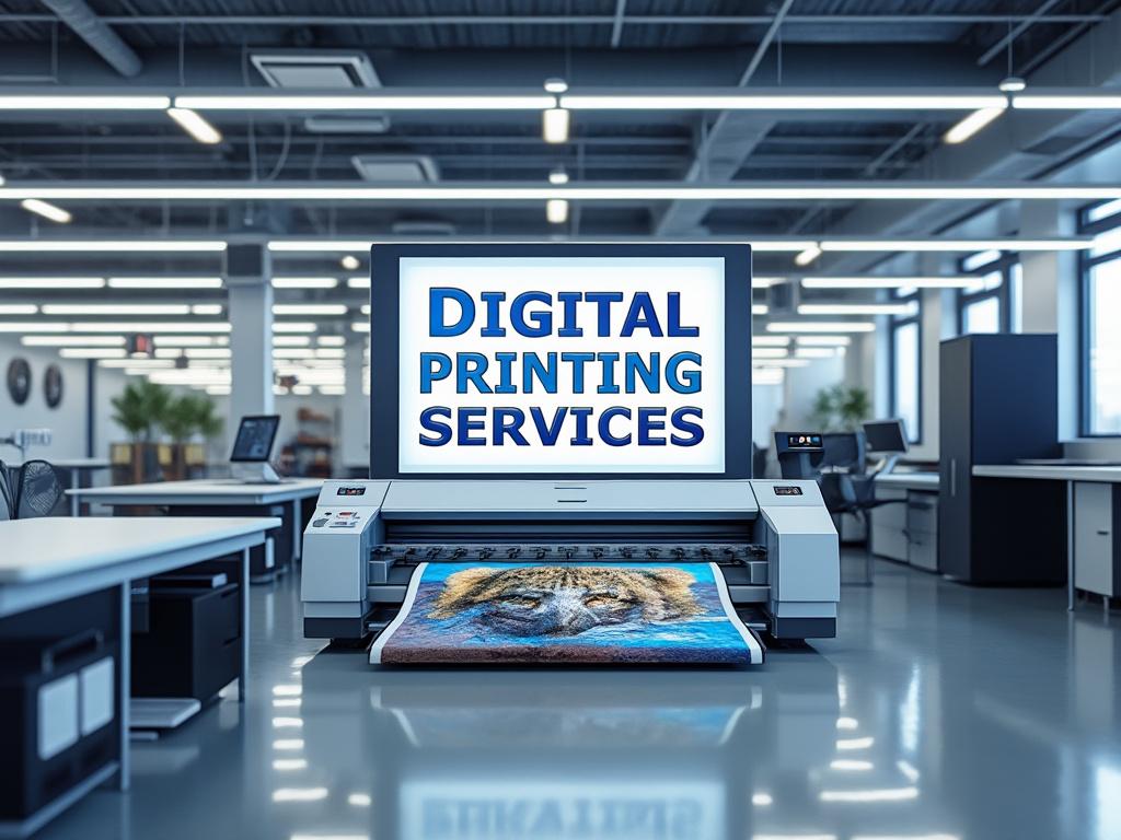 Impresora digital en una oficina moderna imprimiendo una imagen de un tigre, con un monitor mostrando 'Digital Printing Services'.