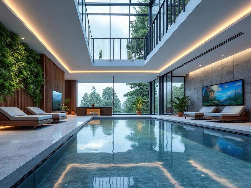 Piscina interior moderna con techo de cristal, paredes de plantas, tumbonas y plantas en macetas.