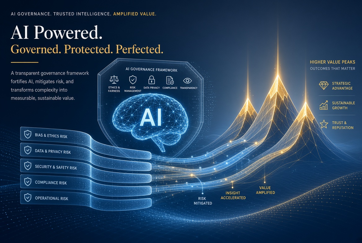 AI governance framework infographic showing risk mitigation, data privacy, compliance, and value growth through AI-powered trusted intelligence AI governance framework infographic showing risk mitigation, data privacy, compliance, and value growth through AI-powered trusted intelligence