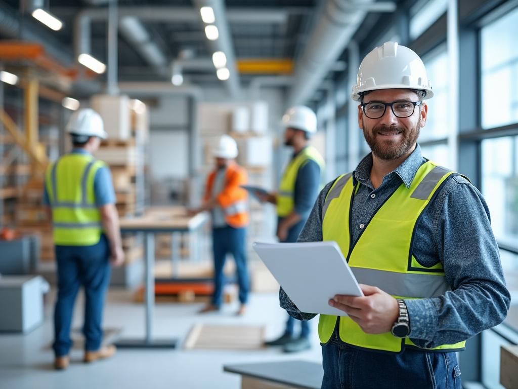 Construction manager wearing a hard hat and reflective vest holding documents in a modern industrial setting with workers in the background.