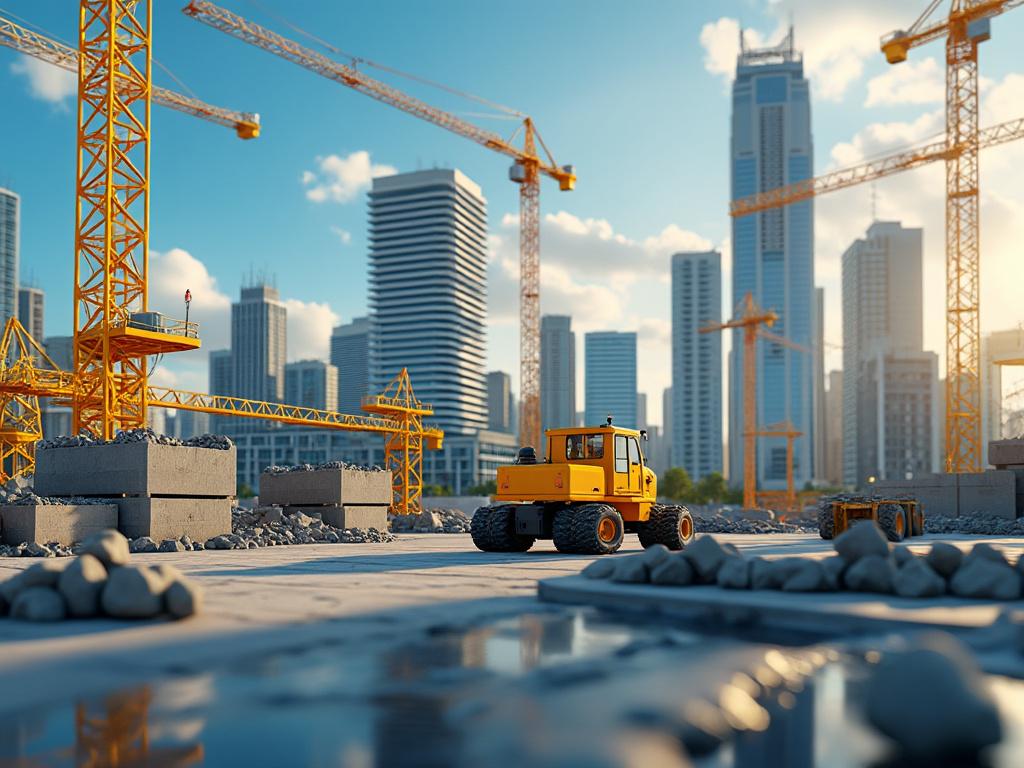 Sitio de construcción urbano con grúas amarillas y rascacielos al fondo bajo un cielo azul.