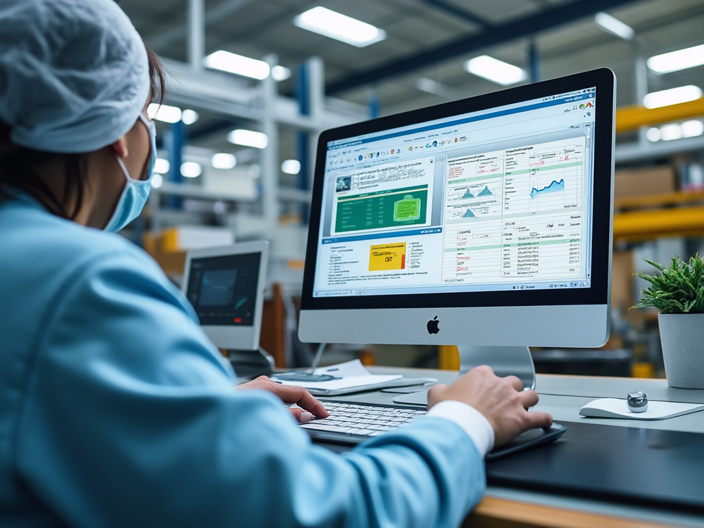 Empleado con mascarilla trabajando en computadora, analizando gráficos en pantalla en un entorno de oficina moderna.