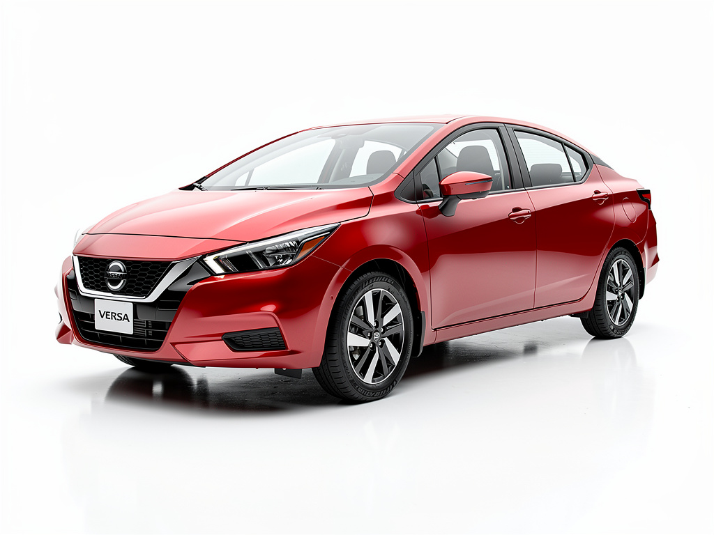 Nissan Versa rojo sedán compacto en vista frontal lateral sobre fondo blanco