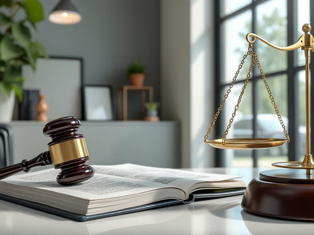 Mesa de oficina con un mazo de juez, un libro abierto y una balanza de la justicia. Mesa de oficina con un mazo de juez, un libro abierto y una balanza de la justicia.