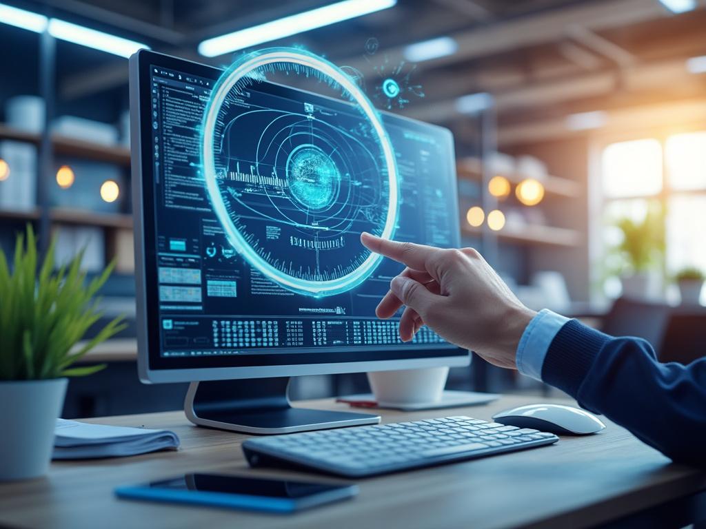 Persona interactuando con interfaz digital futurista en una pantalla de computadora en una oficina moderna.