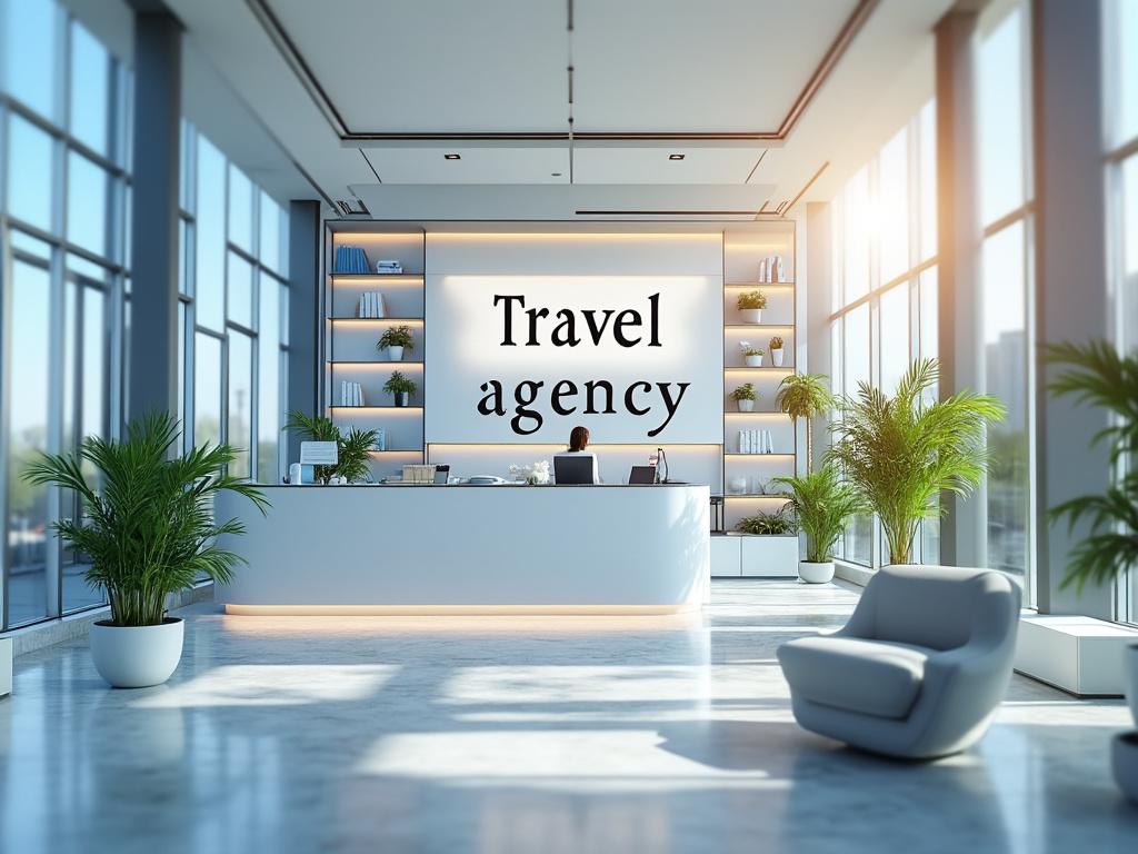 Recepción de una agencia de viajes moderna con plantas, estanterías y grandes ventanales.