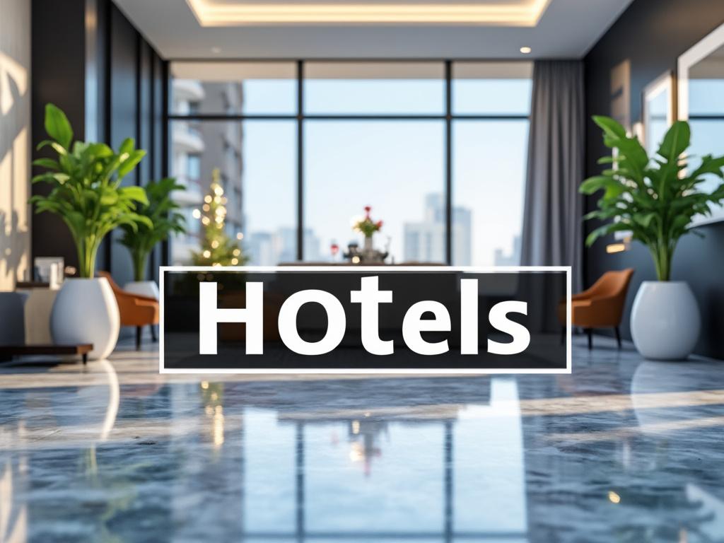 Vestíbulo de hotel moderno con plantas, sillas naranjas y gran ventanal, con la palabra 'Hotels' en el centro.