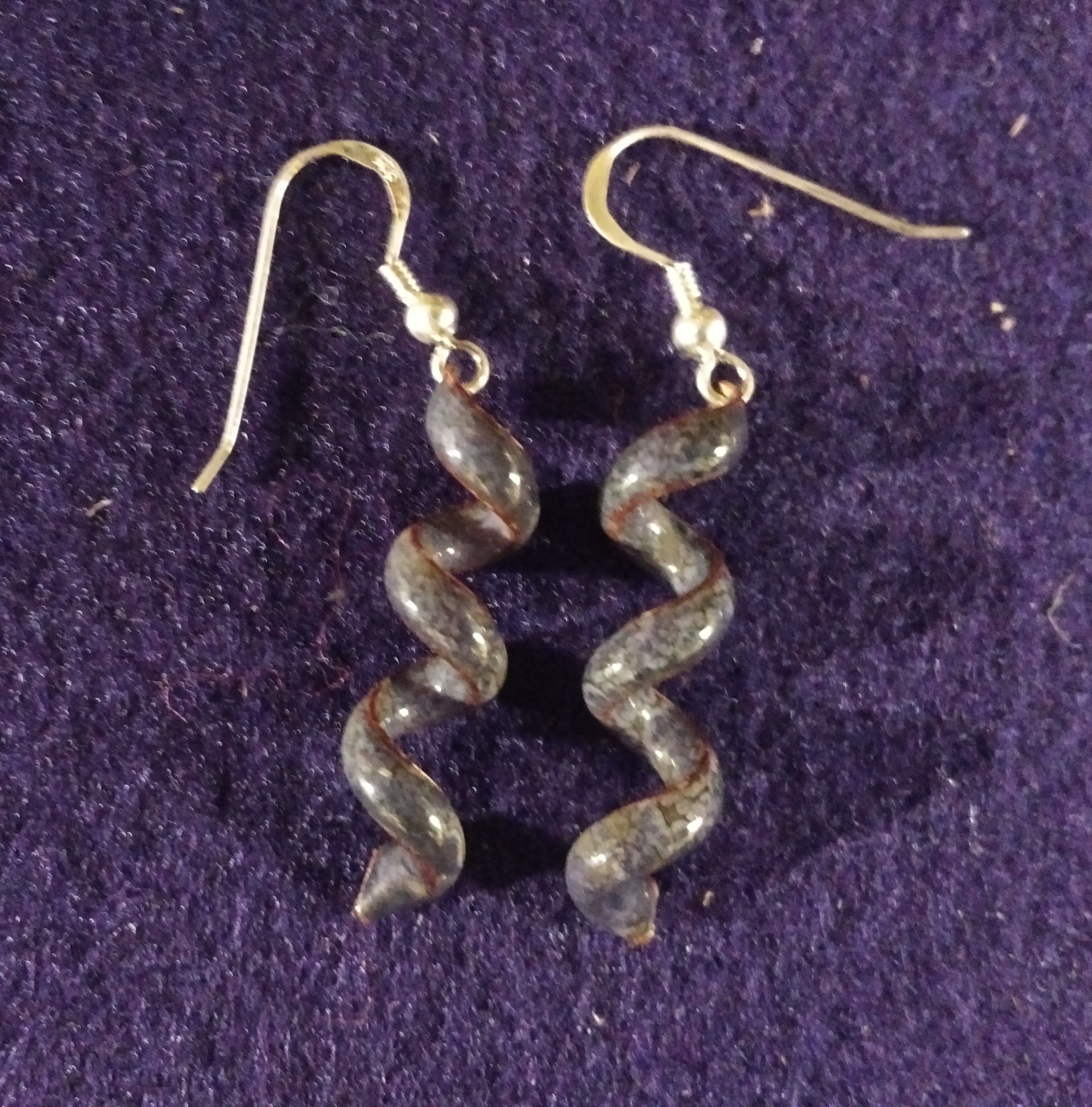 JE001-06 HELIX EARRINGS WARM GREY Torch Fired Copper Enamel with sterling earwires 43mm