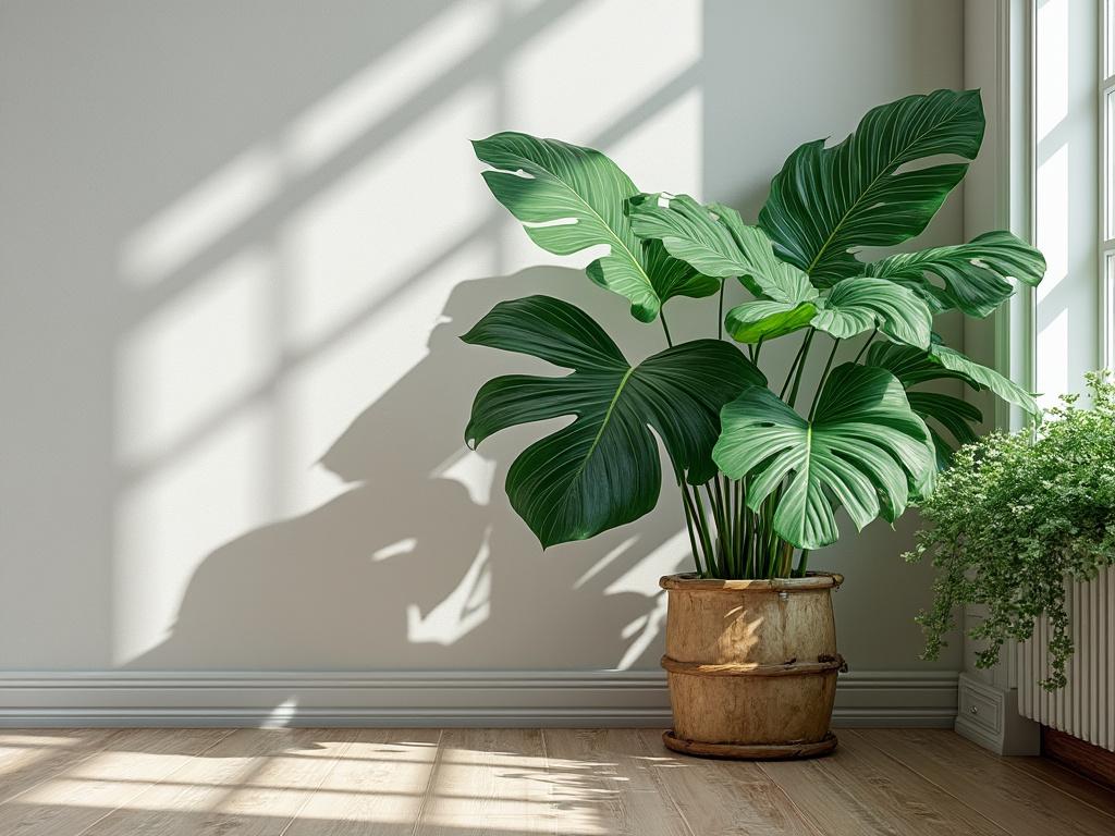 Planta de interior com folhas grandes em vaso de cerâmica, iluminada por luz natural ao lado de uma janela.