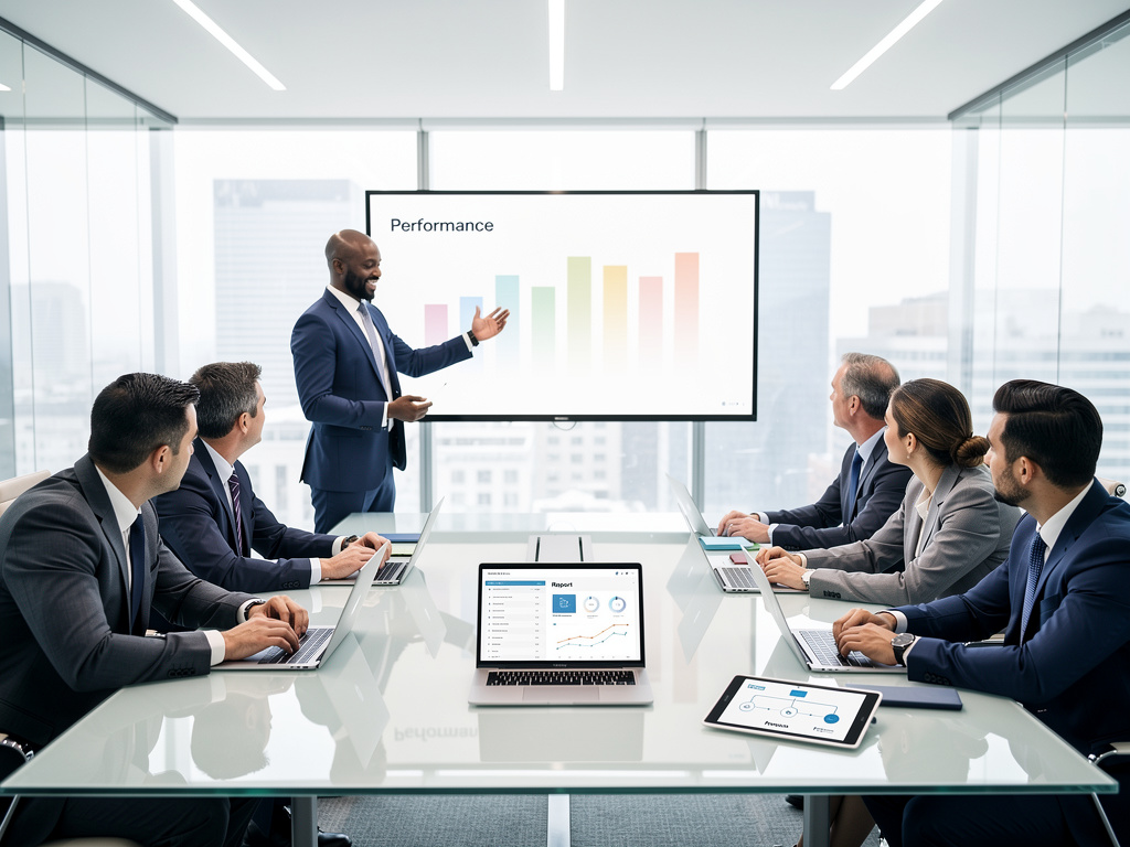 Reunión empresarial con ejecutivos analizando gráfico de rendimiento en pantalla en sala de conferencias moderna
