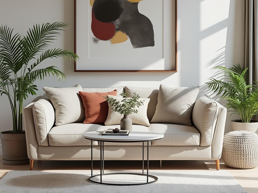 Sala moderna con sofá beige, cojines decorativos, mesita de centro redonda, plantas y cuadro abstracto en la pared.
