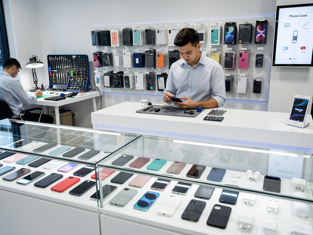 Tienda de reparación de móviles con técnicos, vitrinas de smartphones y accesorios para fundas de teléfono