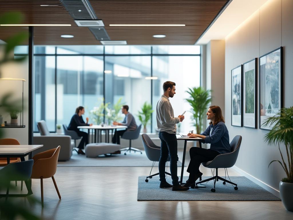 Modern office space with professionals engaged in discussions, featuring large windows, stylish furniture, and indoor plants.