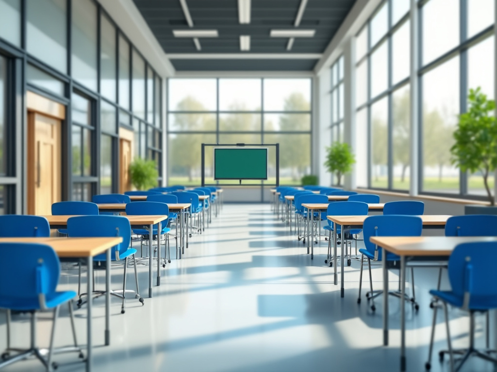 Aula moderna con sillas azules, mesas de madera y una pizarra digital, con grandes ventanas y plantas en el fondo.