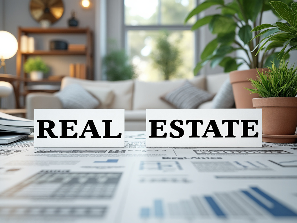 Tarjeta con las palabras 'Real Estate' en un escritorio con plantas y muebles de fondo, escena de oficina moderna.