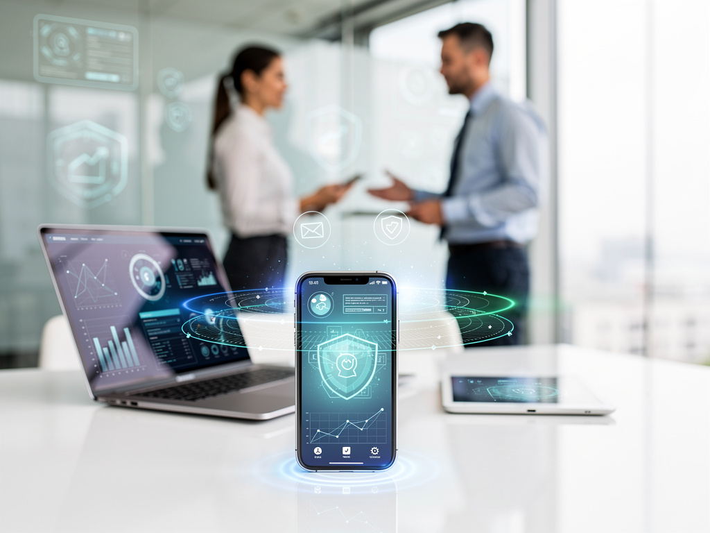 Aplicación móvil de ciberseguridad con paneles digitales en portátil y tablet en oficina moderna con profesionales al fondo