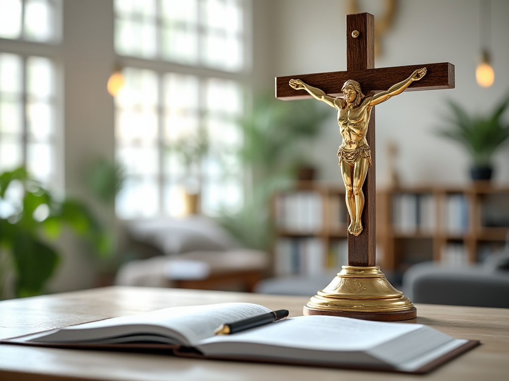A wooden crucifix with a gold figure of Jesus on a table next to an open book, in a softly lit room with blurred background.