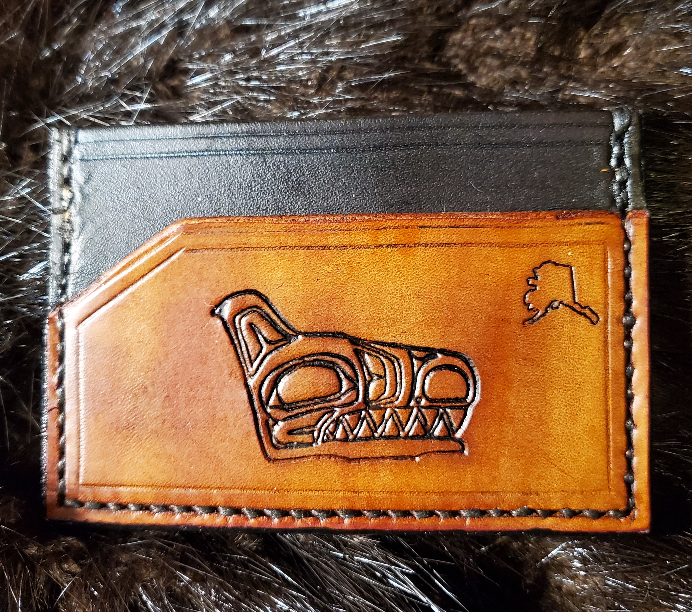 (Front)  Native Wolf, 3 pocket Minimalist Wallet,  hand tooled, hand stitched,  $65.00