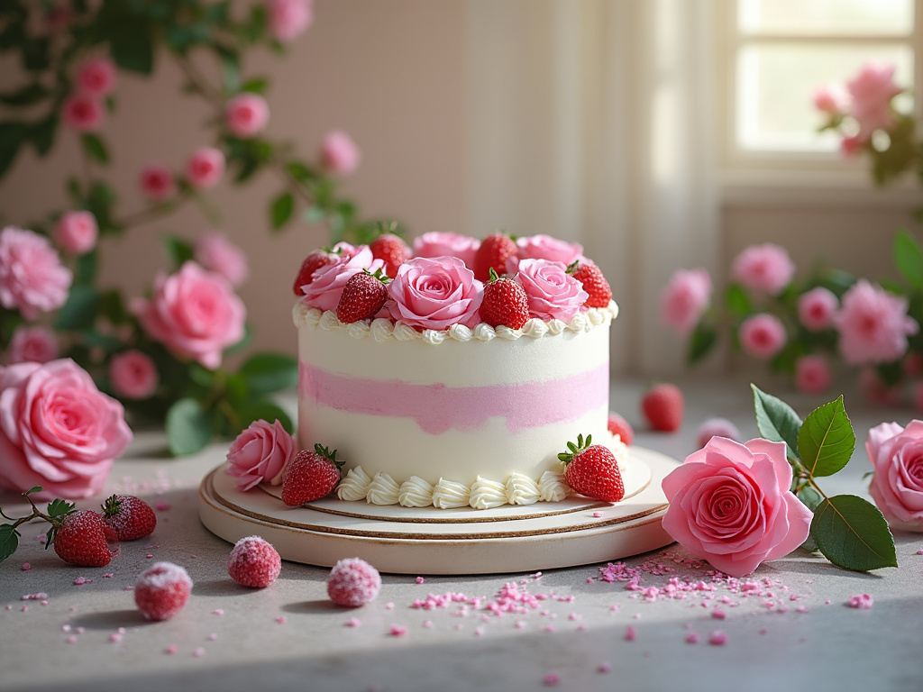 Tarta decorada con fresas y rosas rosas sobre fondo floral.