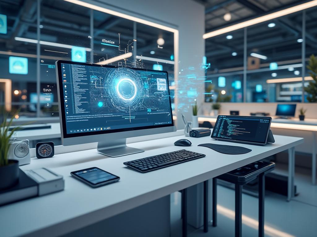 Espacio de trabajo moderno con monitor y computadora portátil mostrando código de programación, objetos tecnológicos y decoración minimalista.