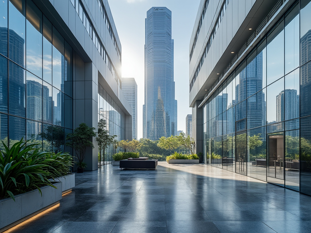 Modern cityscape with tall glass skyscrapers and reflective surfaces on a sunny day.
