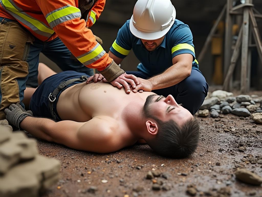 Construction workers performing CPR on a man lying on the ground in a worksite.