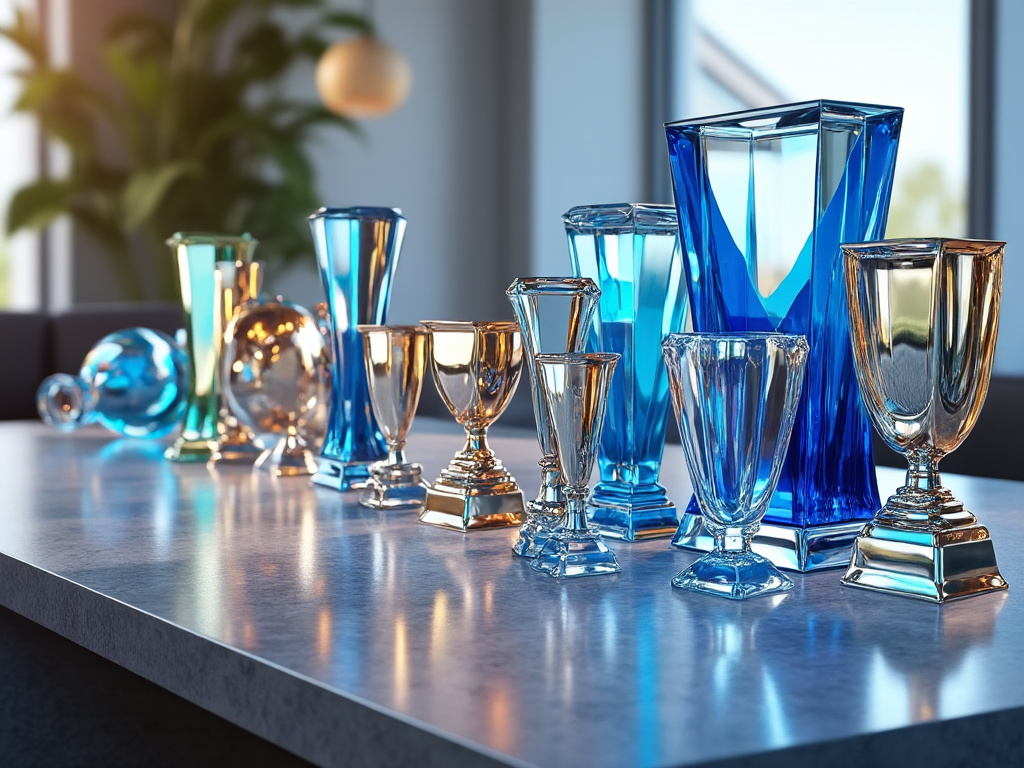 Elegant blue and gold glass vases on a marble table, with soft natural light and green plant in the background.
