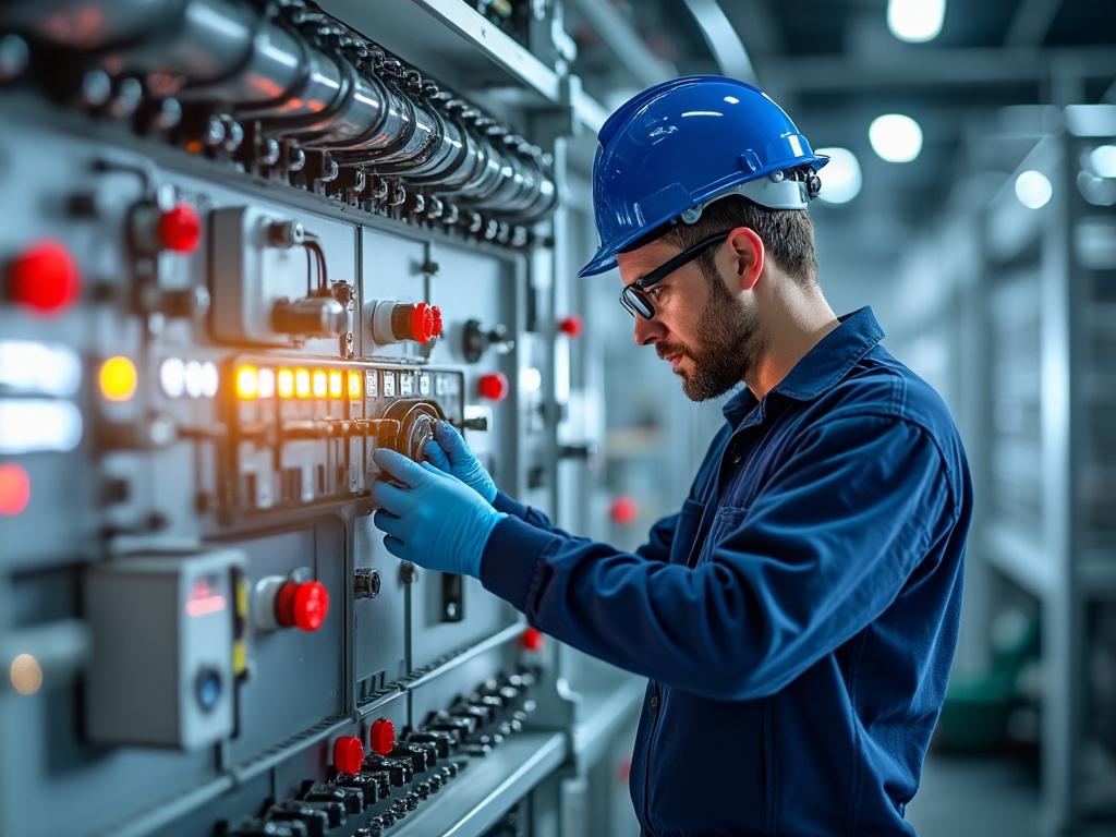 Ingeniero revisando panel de control con casco azul y guantes en una fábrica industrial.