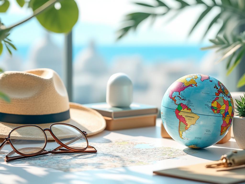 Globo terráqueo sobre escritorio con sombrero de paja, gafas y mapa, decoración con plantas y vista al fondo.