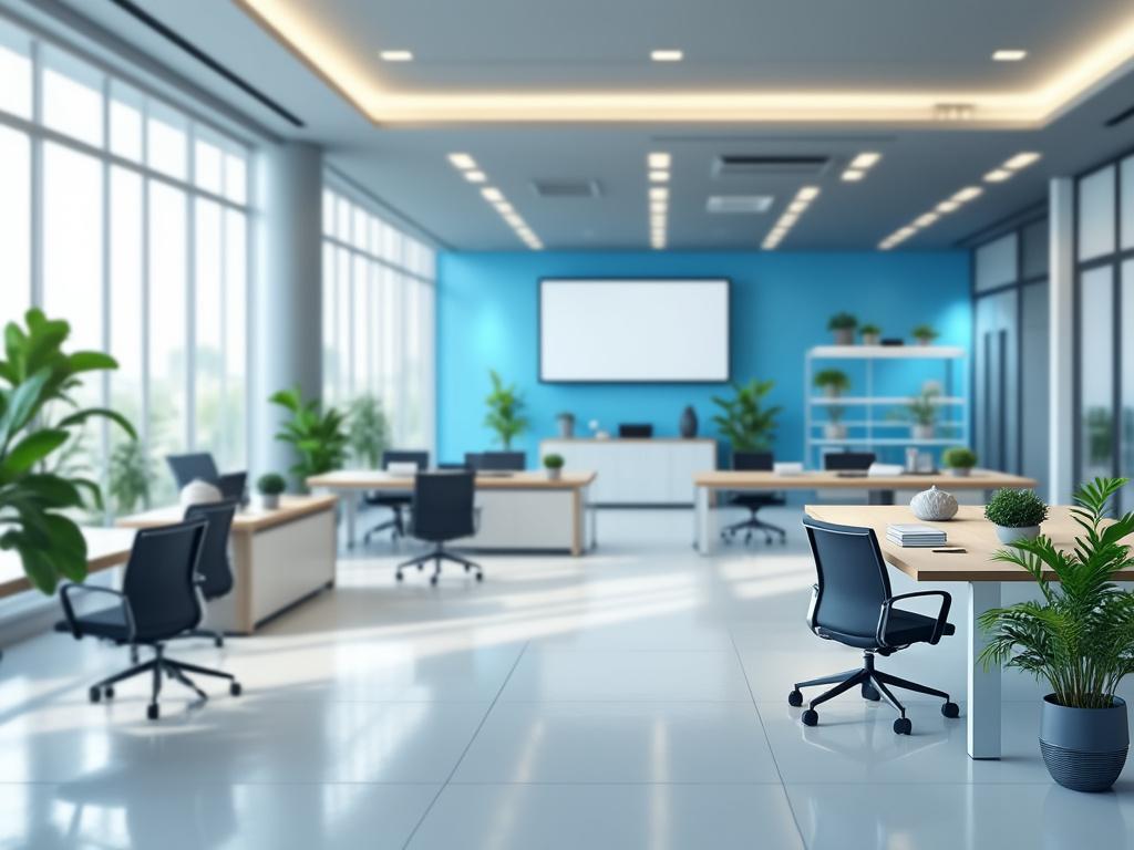 Oficina moderna y luminosa con escritorios, sillas giratorias y plantas decorativas, fondo azul con estanterías y ventana panorámica.