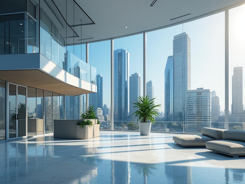 Interior moderno de oficina con grandes ventanales y vistas a rascacielos en un día soleado.