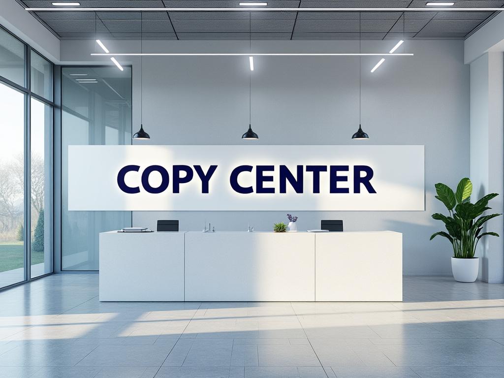 Recepción de centro de copias moderno con plantas decorativas y lámparas colgantes.