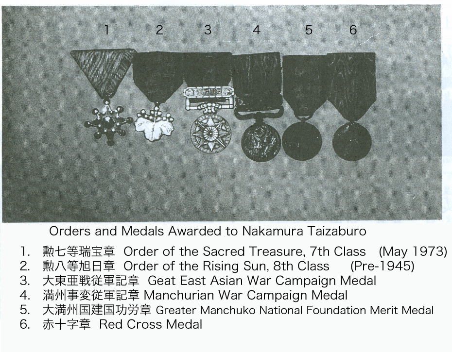 Nakamura Taizaburo Sensei Was NOT a "Living National Treasure"
For years there has been a myth that Nakamura sensei received the designation of "Living National Treasure" from the Japanese Government. 
You'll find this misinformation on Wikipedia and martial arts sites that are well-meaning, but inaccurate. 
I have confirmation from Tomoko Nakamura (2nd soke) that her father, Nakamura Taizaburo sensei, never received this prestigious designation.

The photograph above from Nakamura sensei's 80th Birthday Celebration pamphlet [15 November 1992] and the end notes in his books, shows and describes the orders and medals Nakamura sensei has received.