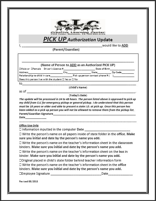 Pick-Up Authorization Form