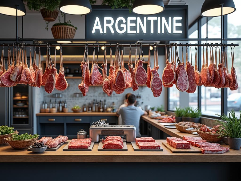 Carnicería argentina moderna con cortes de carne colgando, mostrador de madera lleno de filetes y decoración de plantas.