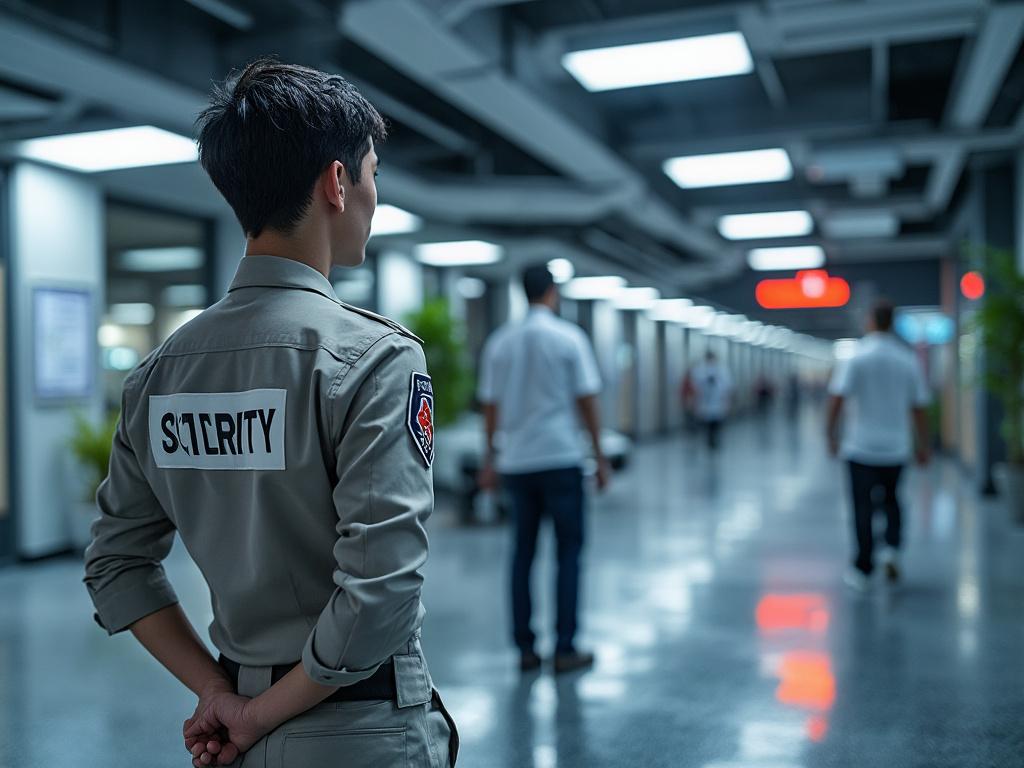 Guardia de seguridad de espaldas en un pasillo interior con personas caminando al fondo.