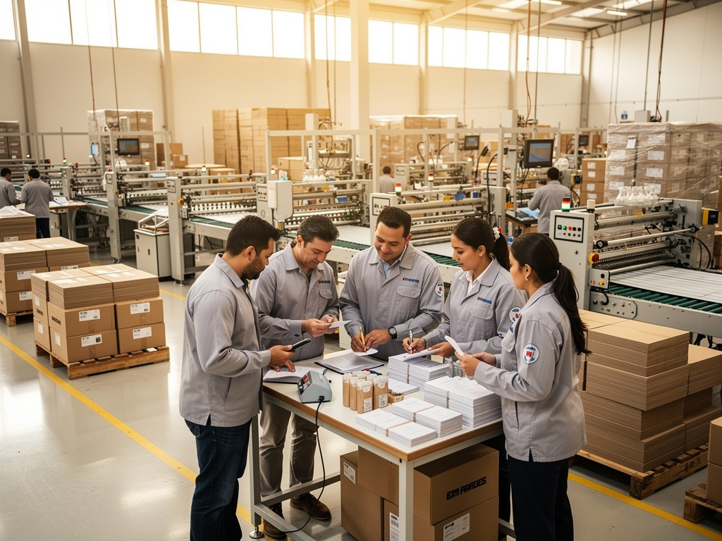 Equipo de trabajadores revisando documentos en una fábrica de embalaje con maquinaria industrial y cajas de cartón