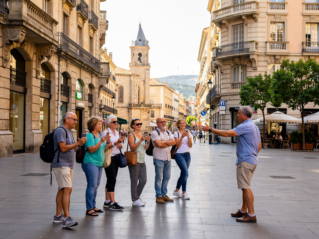Guía turístico explicando la historia a un grupo de viajeros en una calle peatonal con edificios históricos y torre de iglesia