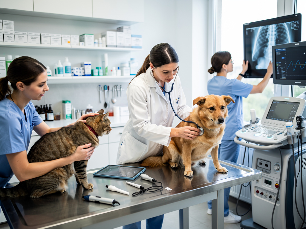 Veterinaria examinando a un perro con estetoscopio en clínica veterinaria moderna junto a un gato y equipos de diagnóstico