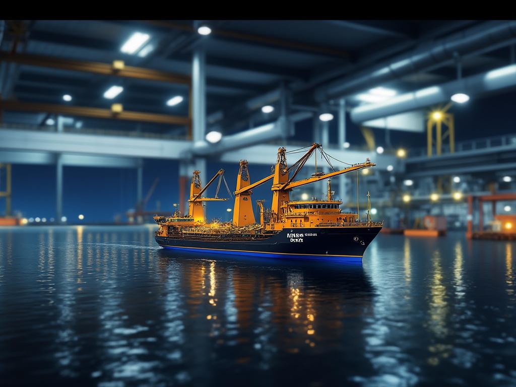 Cargo ship docked in a brightly lit harbor, with cranes and industrial buildings in the background reflecting on calm water at night.