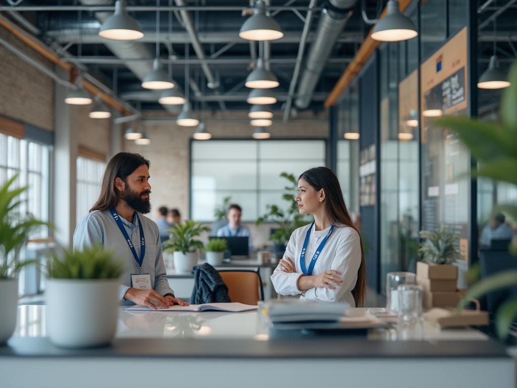 Dos personas conversando en una oficina moderna y luminosa, rodeadas de plantas y con techos industriales visibles.