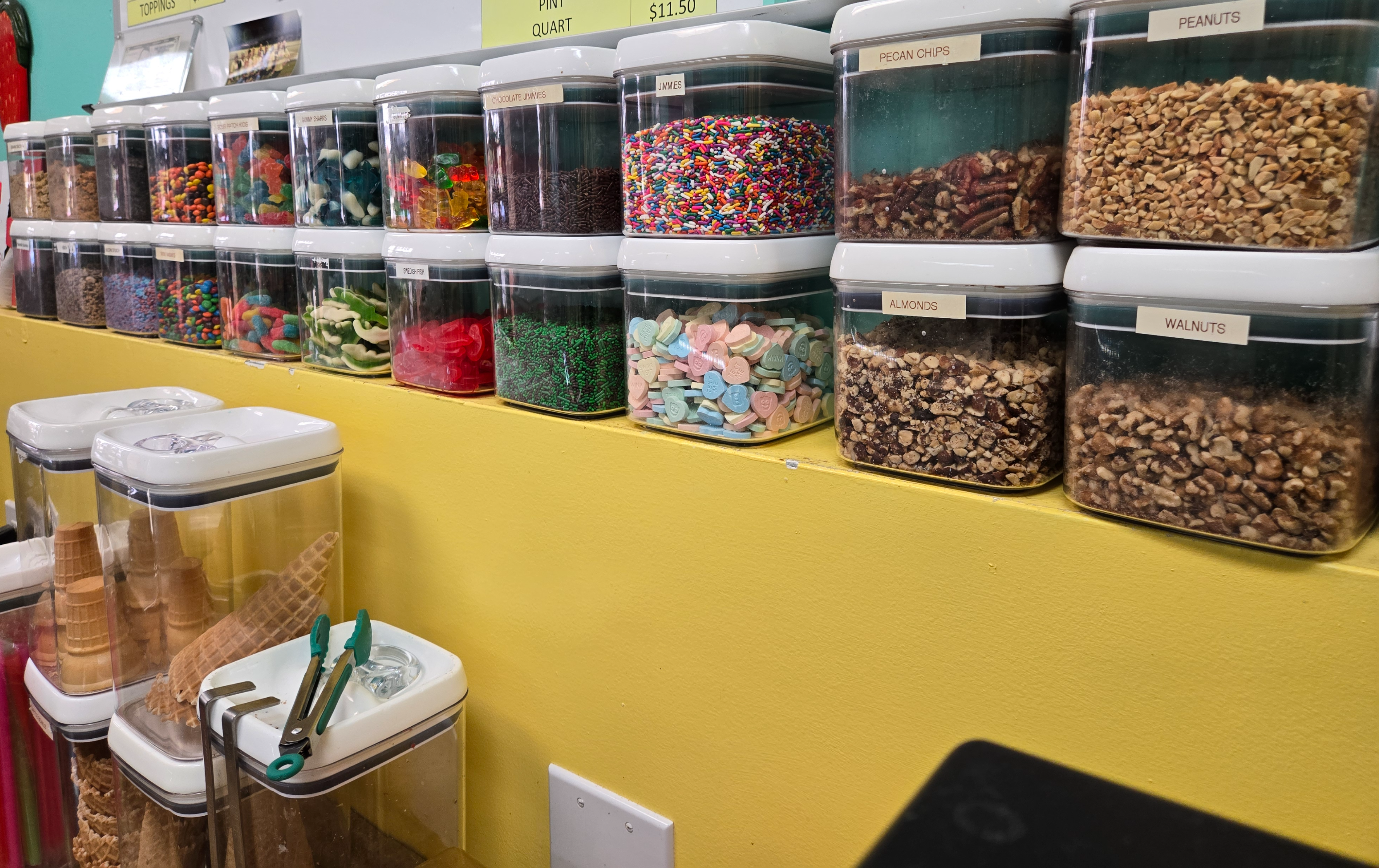 We offer a variety of toppings and cones.