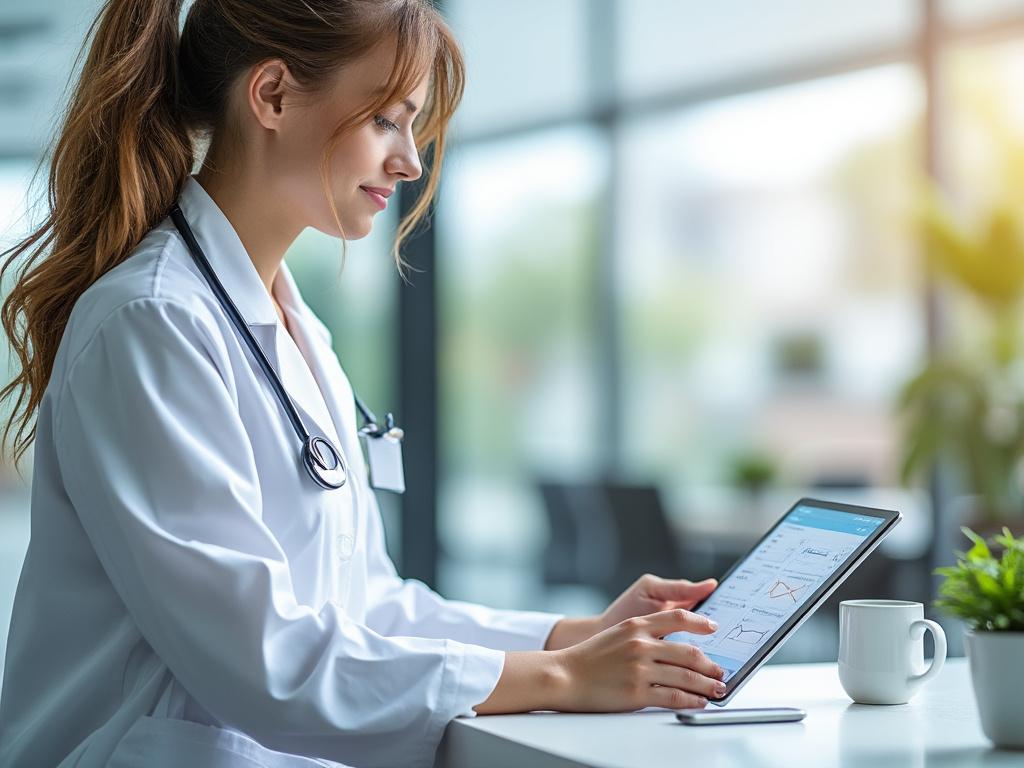 Female doctor in a white coat using a tablet in a bright medical office.