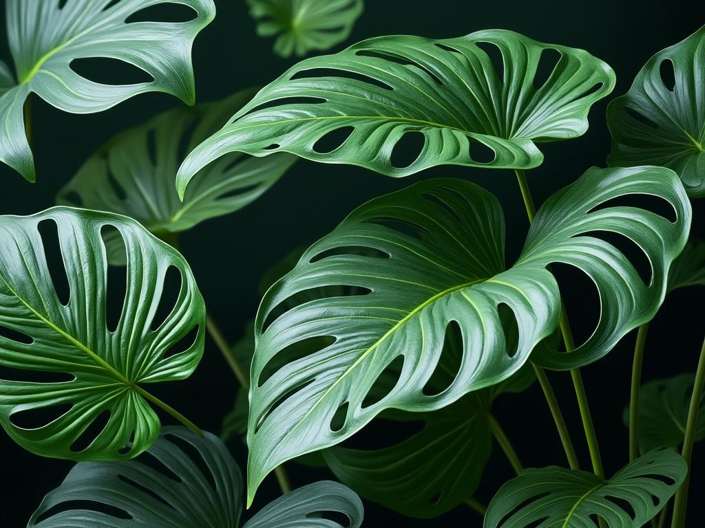 Folhas verdes de Monstera com cortes naturais em fundo escuro.