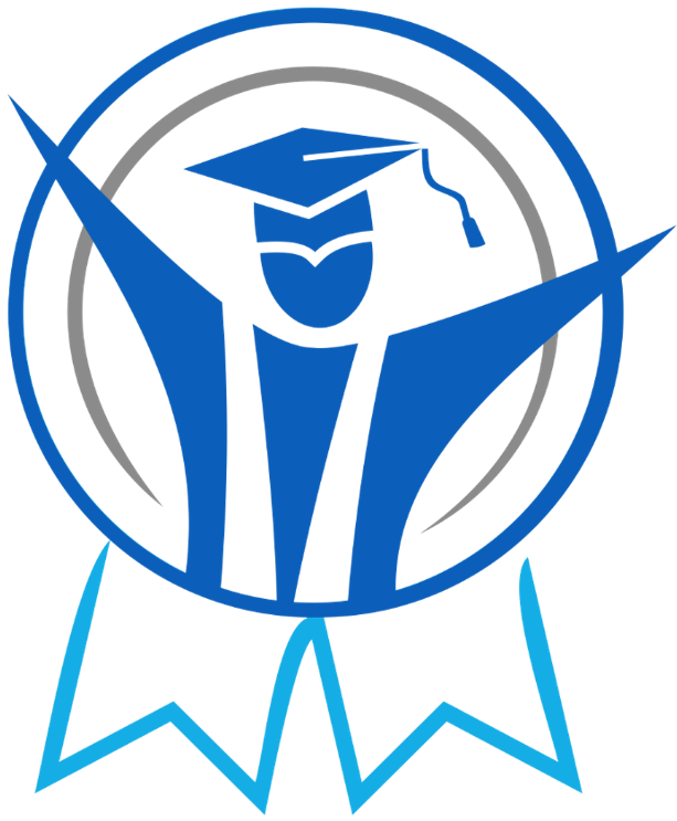 Ilustración de una figura estilizada con un birrete de graduación azul, dentro de un círculo, simbolizando educación y logro académico.