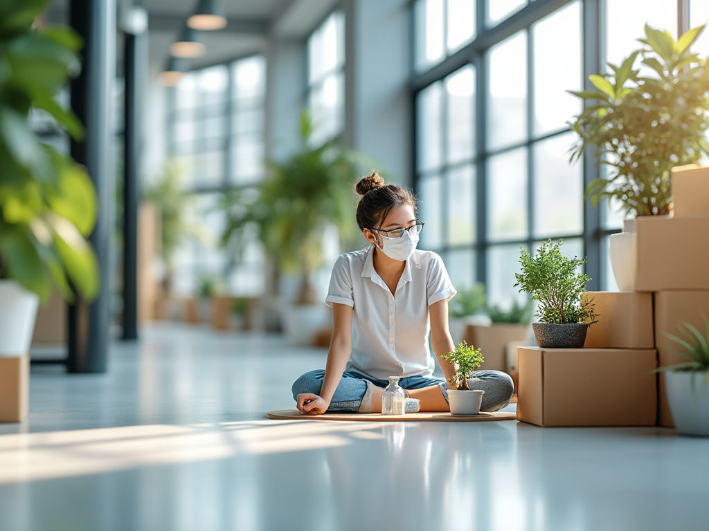 Woman wearing a mask sitting cross-legged on the floor surrounded by plants and cardboard boxes in a bright, modern room. Woman wearing a mask sitting cross-legged on the floor surrounded by plants and cardboard boxes in a bright, modern room.